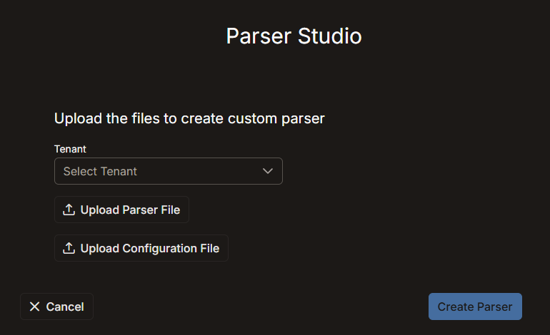 Select the image to expand and collapse it. Screen capture of the "Upload Custom Parser" option in Parser Studio for Legacy Parser